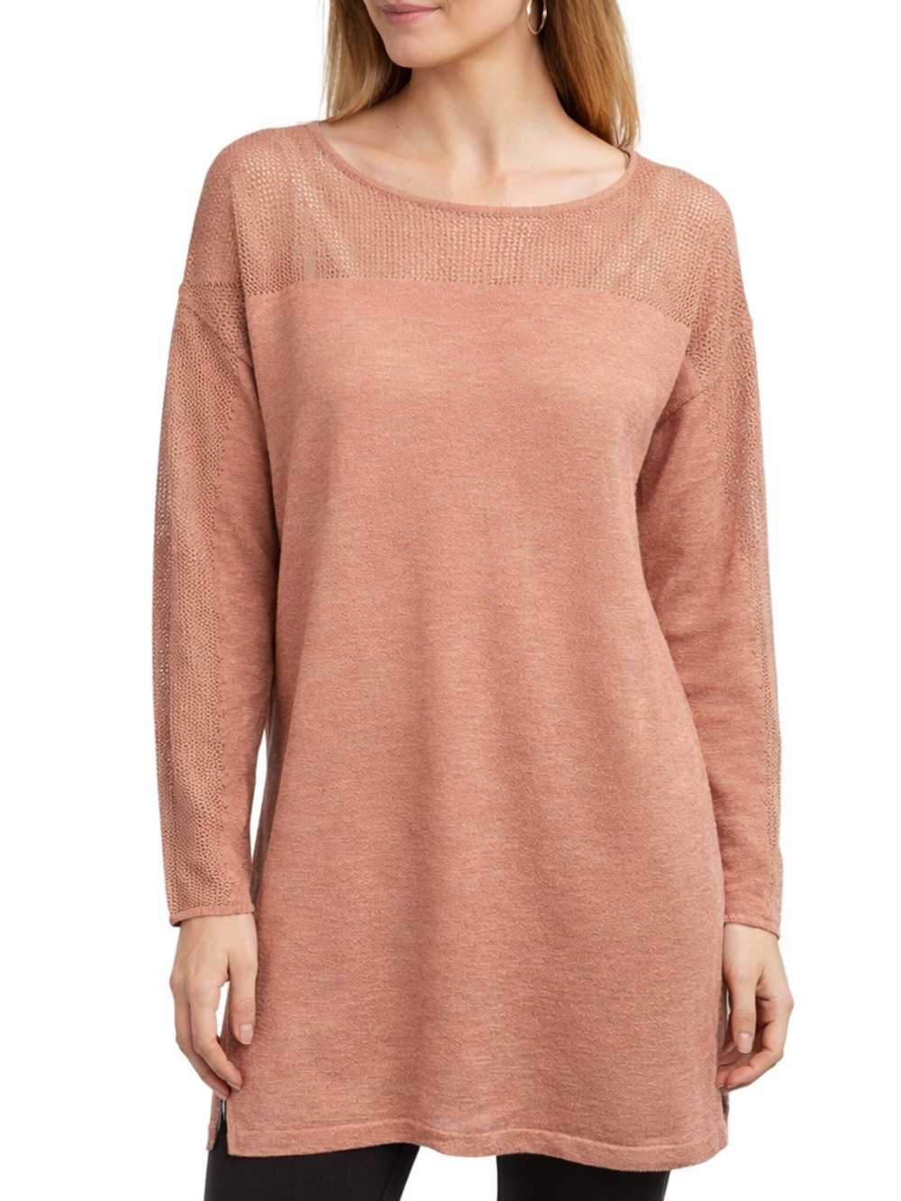 Eileen Fisher System Wool Tunic Sweater XL Sheer Knit Panel Lightweight Top